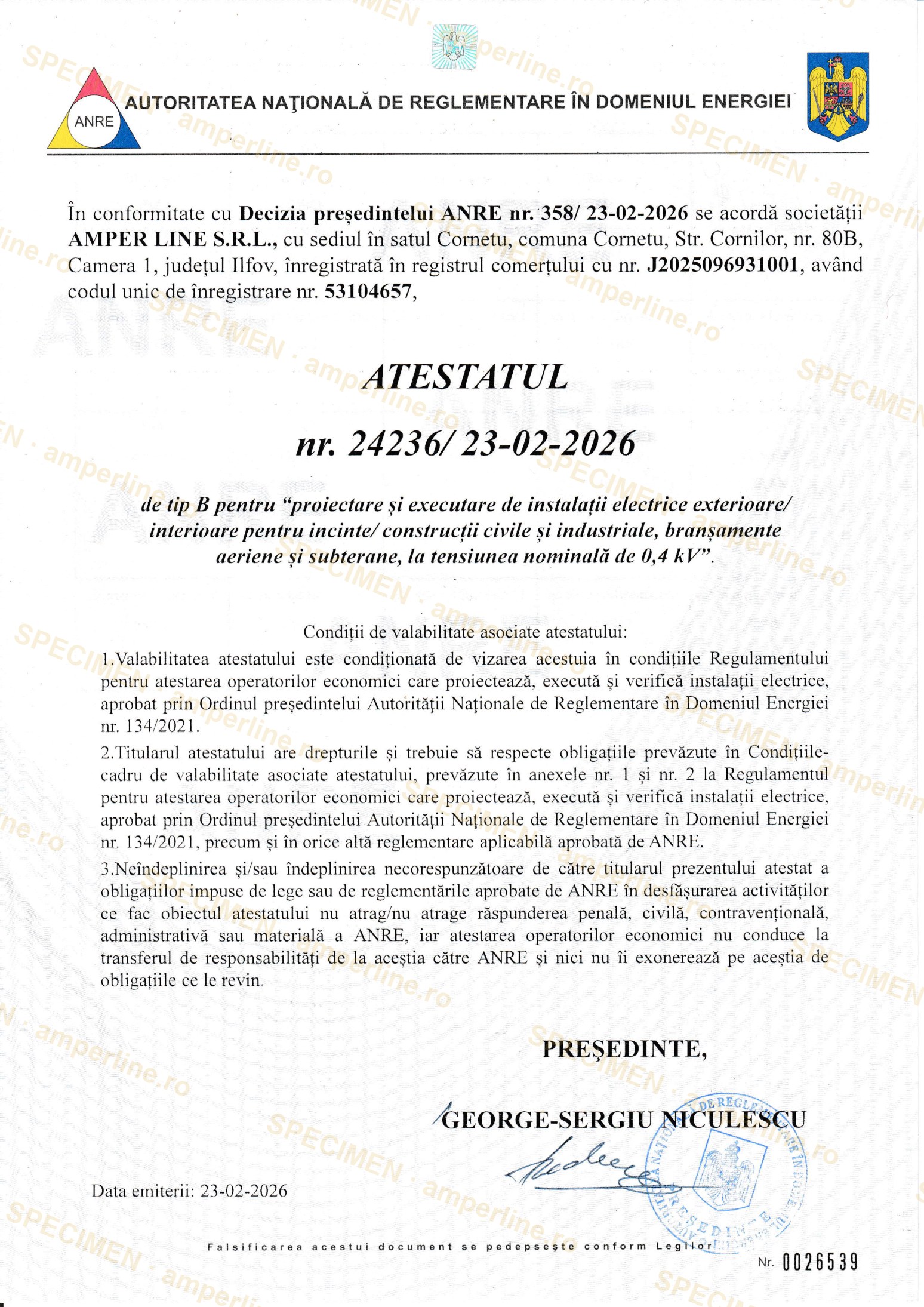 Atestat ANRE tip B — specimen AMPER LINE