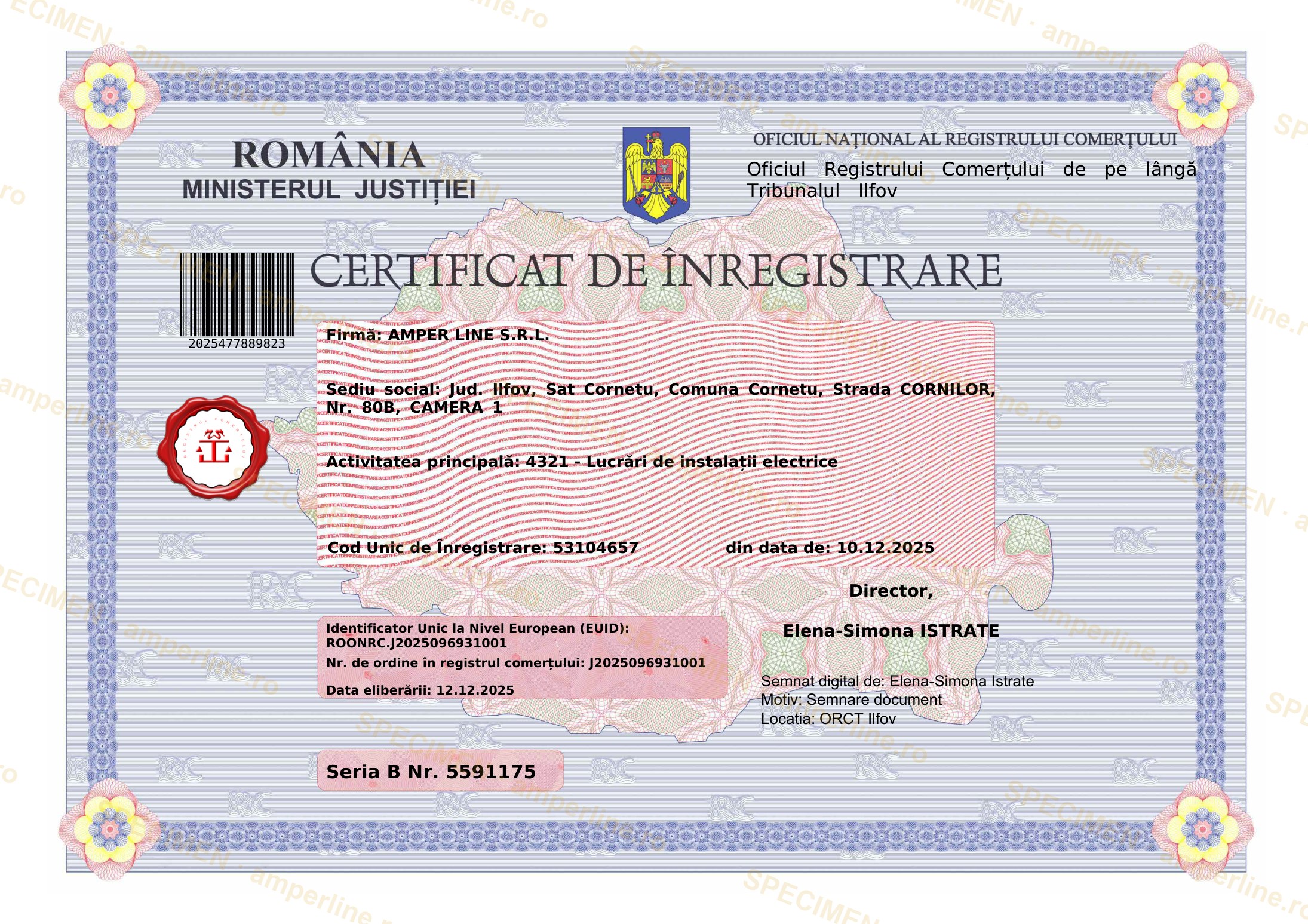 Certificat de înregistrare — specimen AMPER LINE