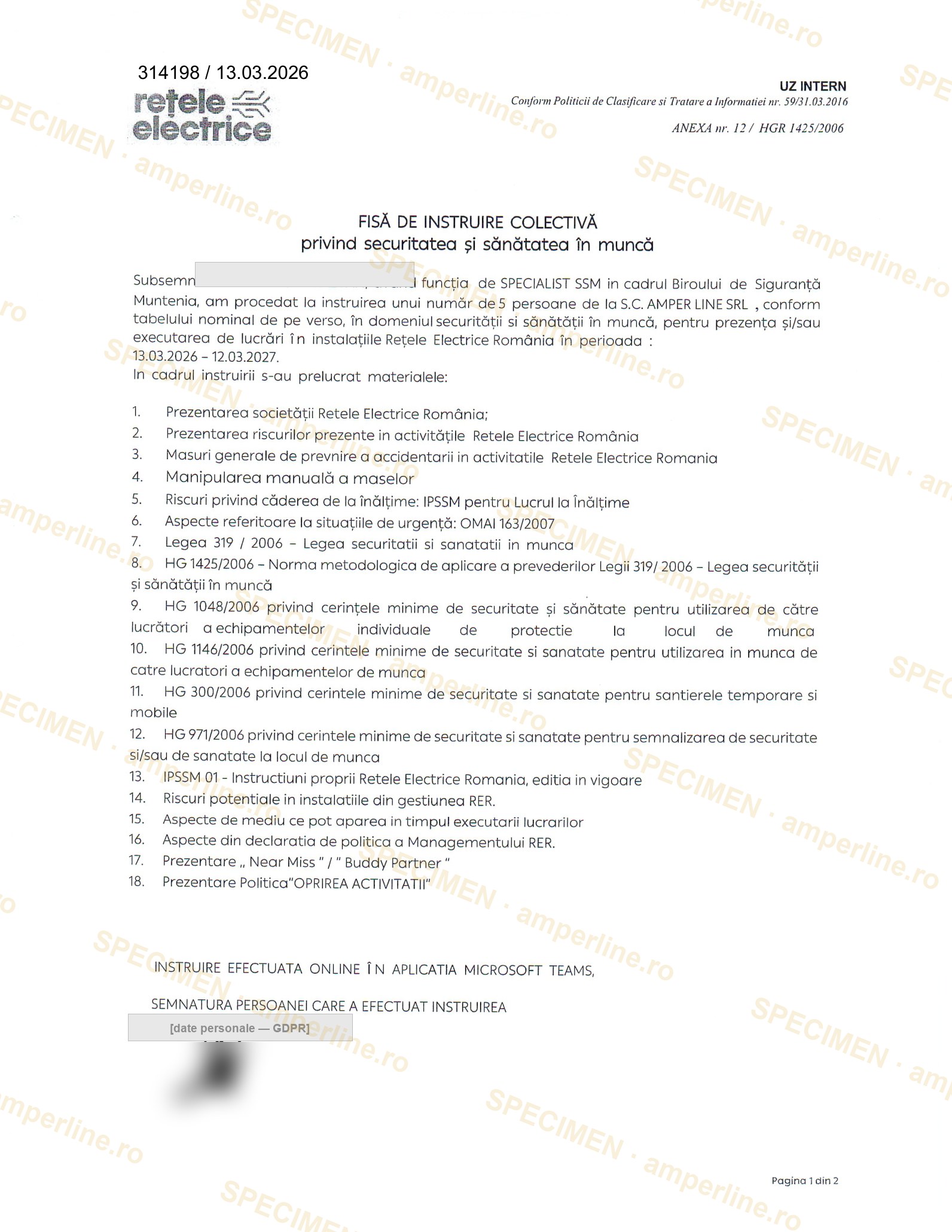 Instruire SSM — specimen AMPER LINE