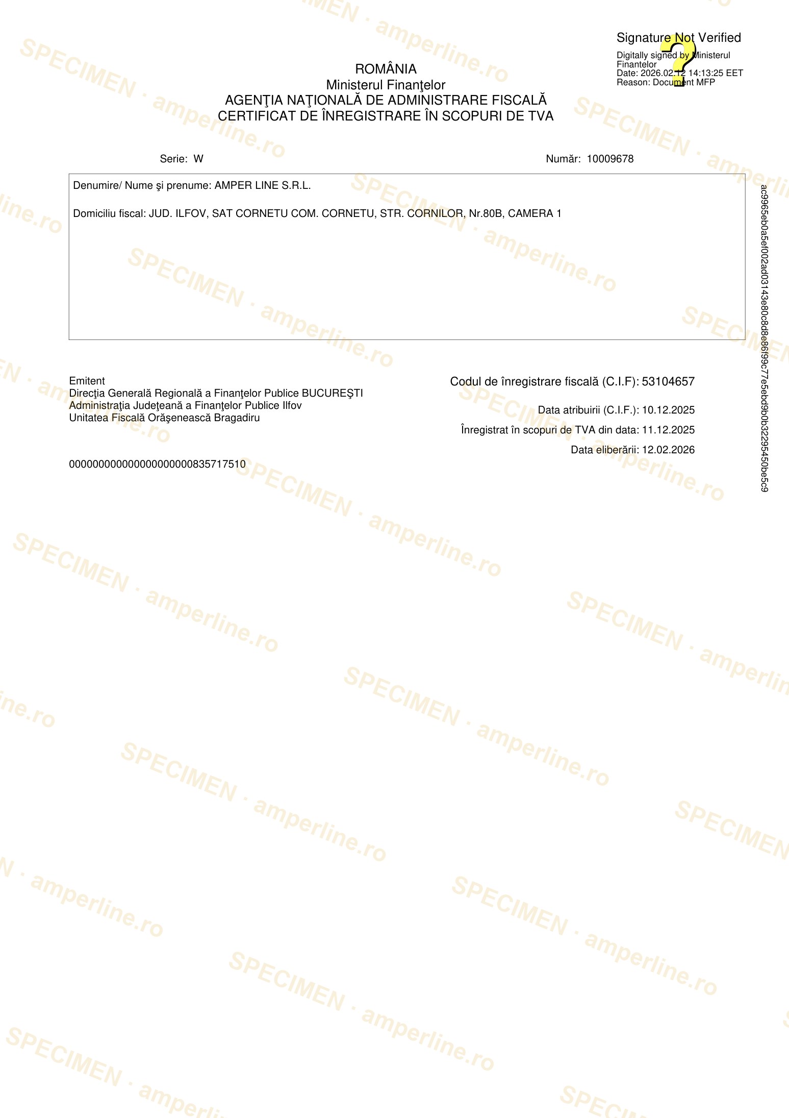 Certificat de TVA — specimen AMPER LINE